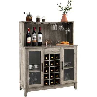 2-door Buffet Bar Cabinet Kitchen Storage Sideboard Wine Rack Glass Holder Greyblack