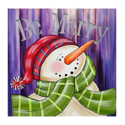 Led Lighted "be Merry" Smiling Snowman Christmas Canvas Wall Art 11.75" X 11.75"