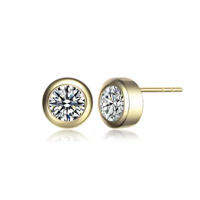 Round Framed Stud Earrings With Round Clear Cubic Zirconia In Bezel Setting