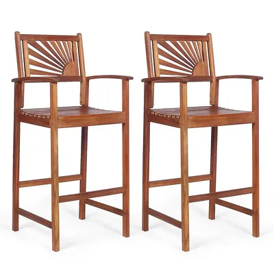 Set Of 2 Bar Stools 29inch Acacia Wood Pub Chairs Outdoor W/ Armrests