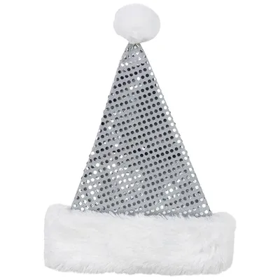 19" Silver Sequined Christmas Santa Hat With Faux Fur Cuff - One Size