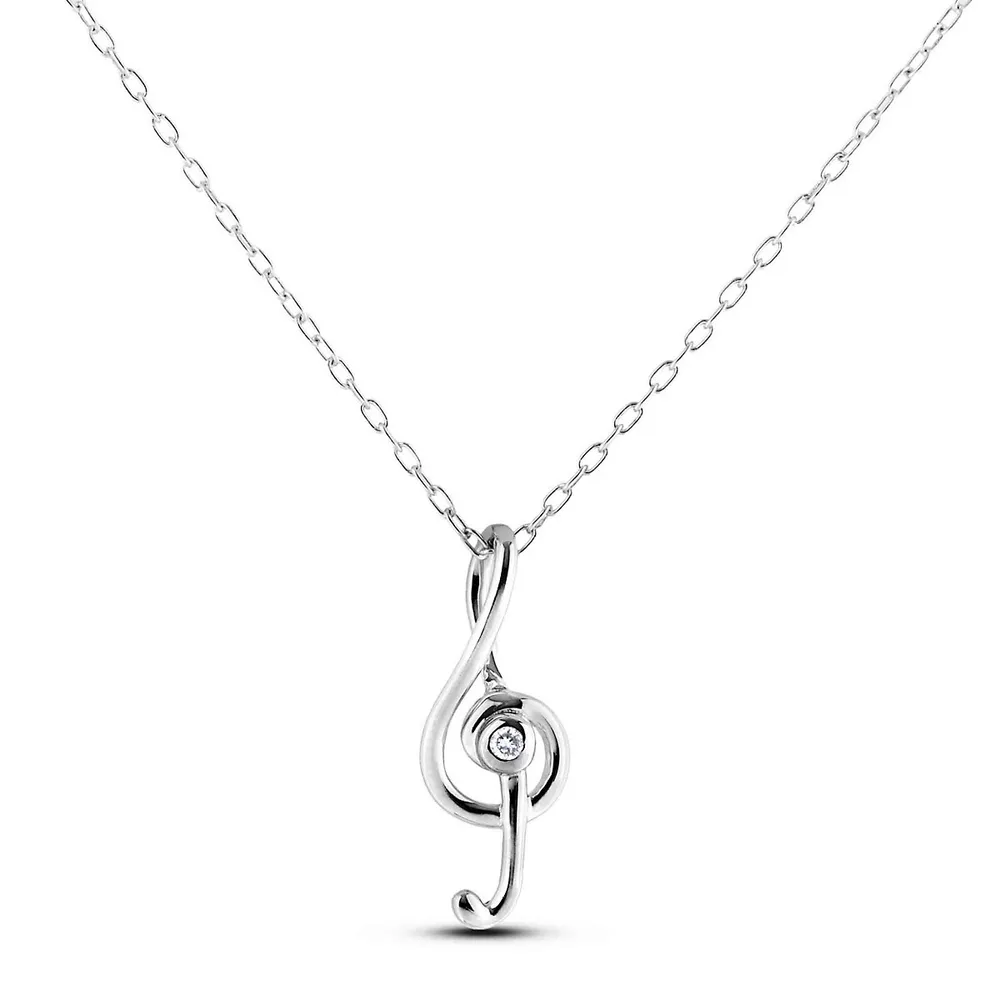 925 Sterling Silver 0.03 Ct Canadian Diamond Treble Clef Musical Note Pendant & Chain