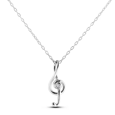 925 Sterling Silver 0.03 Ct Canadian Diamond Treble Clef Musical Note Pendant & Chain