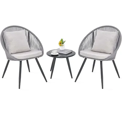 3 Piece Patio Furniture Set With Seat & Back Cushions, Tempered Glass Tabletop