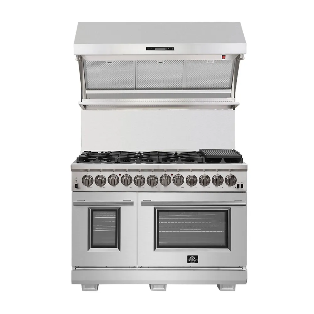 Capriasca 48-inch Dual Fuel Range All Stainless Steel with 8 Brass Burners, 160,000 BTU, 6.58 cu.ft. double ovens with Wok Support & Griddle - FFSGS6187-48