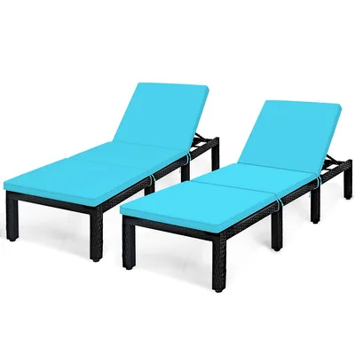 2pcs Adjustable Rattan Patio Chaise Lounge Chair Couch W/ Turquoise Cushion