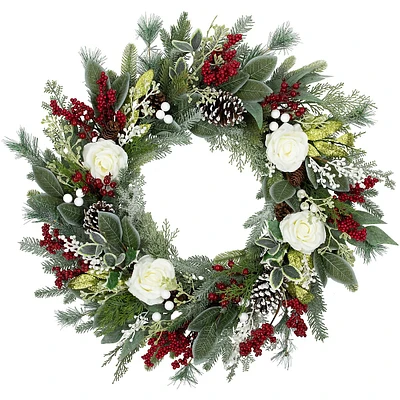 Mixed Foliage And Roses Artificial Christmas Wreath - 30" - Unlit