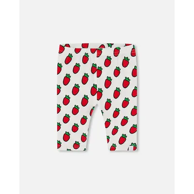 Organic Cotton Short Leggings White Printed Pop Strawberry