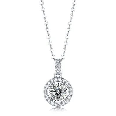 Sterling Silver with 1ctw Lab Created Moissanite Halo Cluster Drop Pendant Necklace
