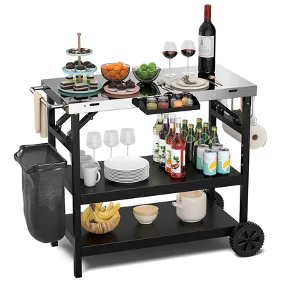3-shelf Movable Grill Cart Table Home & Outdoor Multifunctional Stainless Steel