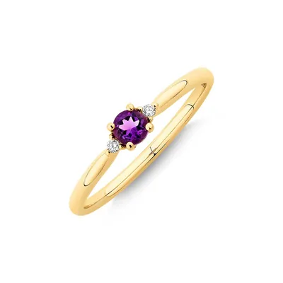 3 Stone Ring With Amethyst & Diamonds In 10kt Yellow Gold
