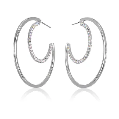 Silver Tone Aurora Borealis Heritage Precision Cut Crystal Half Moon Hoop Earrings