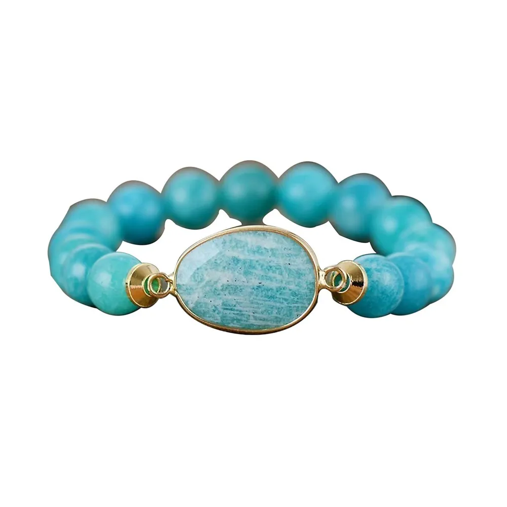 Amazonite Stone Goldtone Beaded Stretch Bracelet