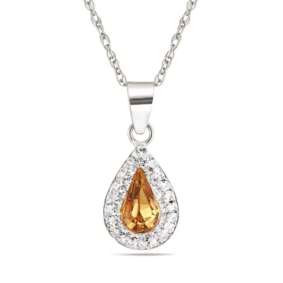 Sterling Silver 18" Tear Drop With Golden Topaz Cubic And Crystals Necklace