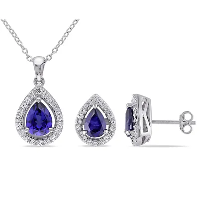 2-piece Set 4 7/8 Ct Tgw Created Blue And White Sapphire Teardrop Halo Necklace And Stud Earrings In Sterling Silver