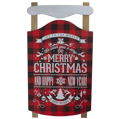 24" Red And Black Buffalo Plaid Merry Christmas Sled Wooden Hanging Wall Sign