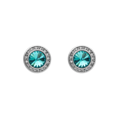 Silver Tone Light Turquoise Heritage Precision Cut Crystal Halo Stud Earrings