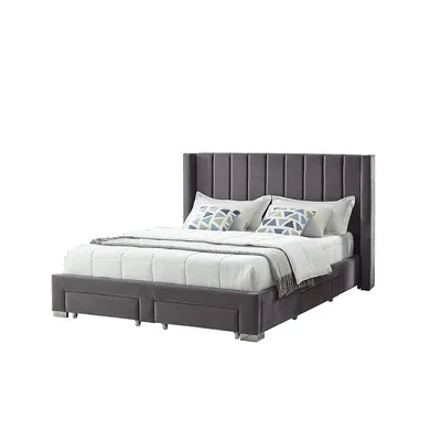 Grey Velvet Fabric Storage Bed With Wing Headboard