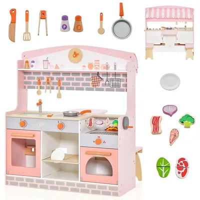 2 In 1 Kids Play Kitchen & Restaurant Double-sided Pretend Playset With Canopy