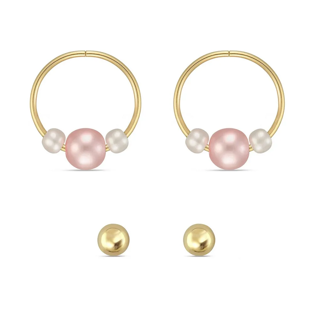 10kt Sleeper With Pearl And Gold Ball Set Earrings