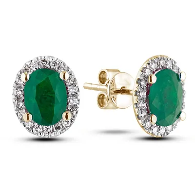 10k Yellow Gold 1.42 Cttw Emerald & 0.24 Cttw Canadian Diamond Halo Stud Earrings