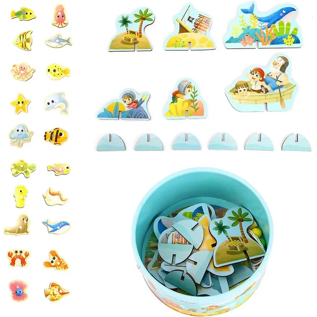 TOOKYLAND Wooden Magnetic Fishing Game - 66pcs Includes 20 Pieces To Fish,  Jigsaw Puzzle, 3 Rods And Storage Barrel, For Kids Years +