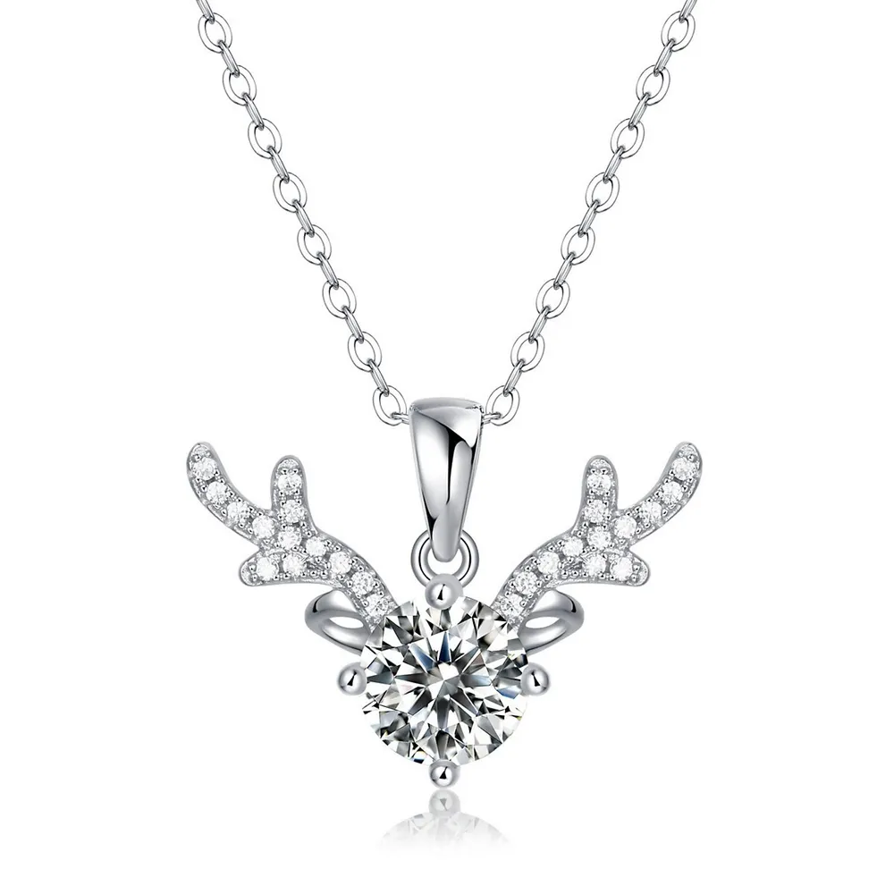 Sterling Silver with 1ctw Lab Created Moissanite Solitaire Pave Antler Pendant Layering Necklace