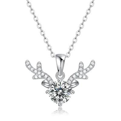Sterling Silver with 1ctw Lab Created Moissanite Solitaire Pave Antler Pendant Layering Necklace