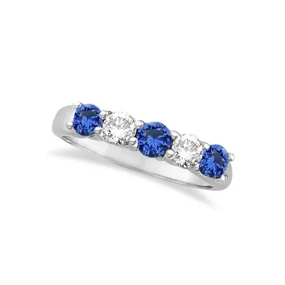 Five Stone Blue Sapphire And Diamond Ring 14k White Gold (1.00ctw)