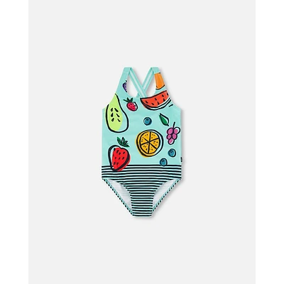 One Piece Swimsuit Baby Blue Printed Fruits