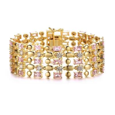 14k Yellow Gold Plating With Pink Morganite & Cubic Zirconia Wide Geometric Mesh Link Bracelet