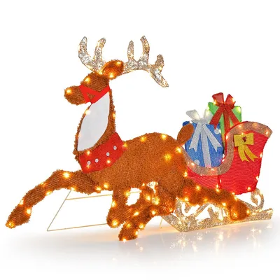 Lighted 2d Christmas Reindeer And Sleigh Decoration Pre-lit Glittered Decoration