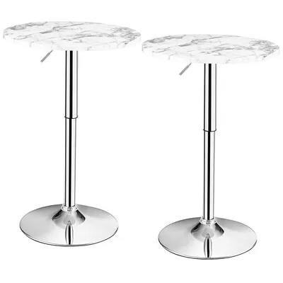 Set Of 2 Round Pub Bar Table Height Adjustable 360° Swivel W/ Faux Marble Top