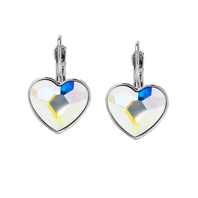 Aurora Borealis Silver Tone Heart Leverback Earrings With Heritage Precision Cut Crystals