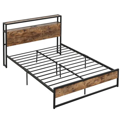 Full/queen Industrial Platform Bed Frame With Charging Station Storage Headboard