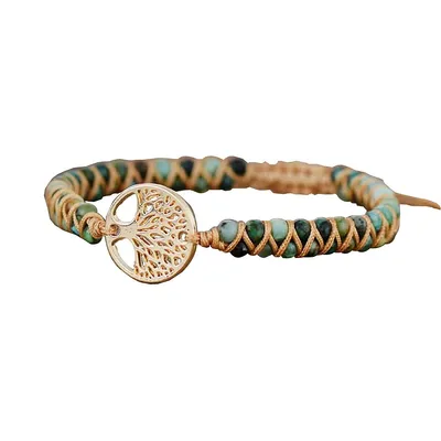 Goldtone Tree Of Life & African Jasper Beaded Bracelet