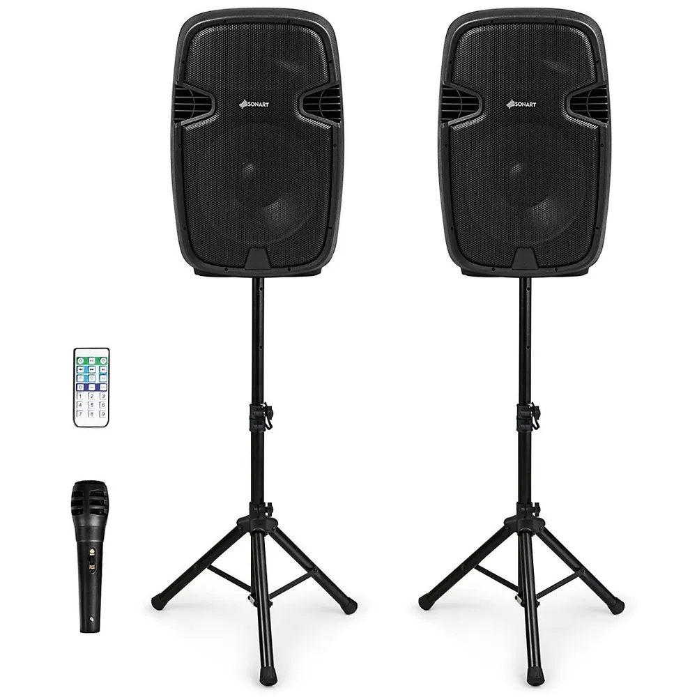 Portable Dual 15" 2-way 2000 W Powered Speakers W/ Stands & Controller