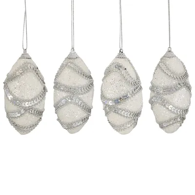 4ct White Beaded 2-finish Shatterproof Christmas Finial Ornaments 4.5"