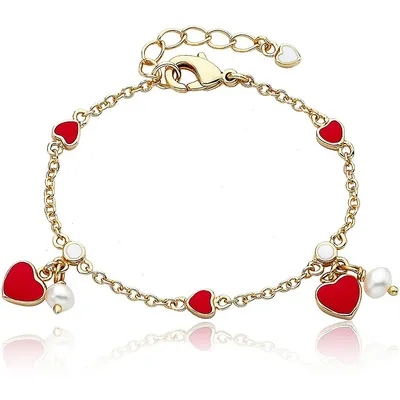 Toddlers/Kids 14k Yellow Gold Plated With Red Enamel Heart & Pearl Dangle Charm Bracelet