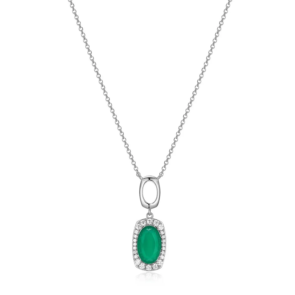 Rhodium-plated Sterling Silver Genuine Chrysoprase & Cubic Zirconia Pendant Necklace