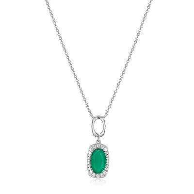 Rhodium-plated Sterling Silver Genuine Chrysoprase & Cubic Zirconia Pendant Necklace