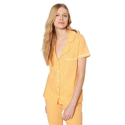 Woman Polka Dot Piping Detailed Middle Knit Shirt-trousers Pajama Set