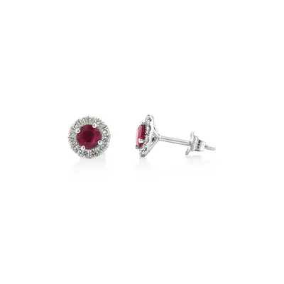 Halo Stud Earrings With Natural Ruby & 0.28 Carat Tw Of Diamonds In 10kt White Gold
