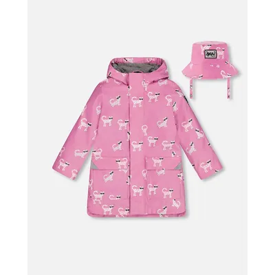 Changing Color Rain Coat And Hat Set Pink Printed Sunglasses Cats