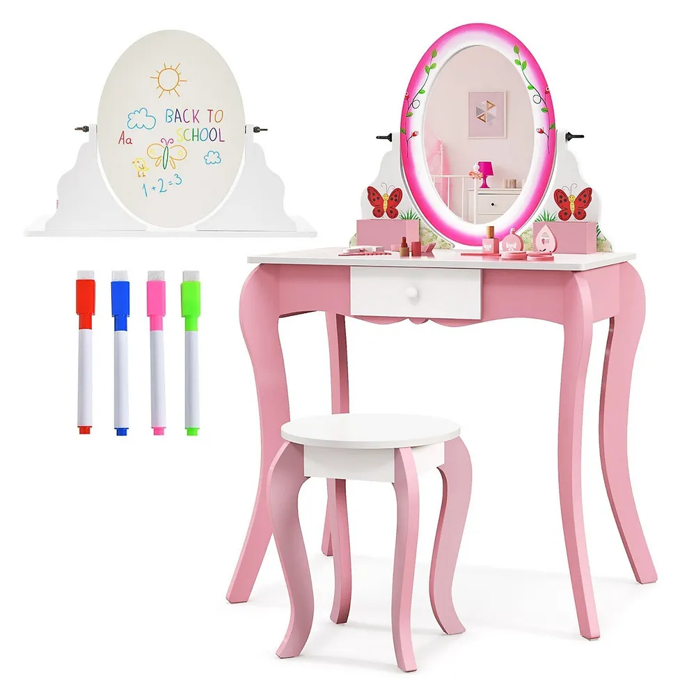 Kids Vanity Table Stool Set Pretend Play Makeup Desk With Whiteboard Markers