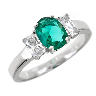 Sterling Silver Emerald Cz Three Stone Ring
