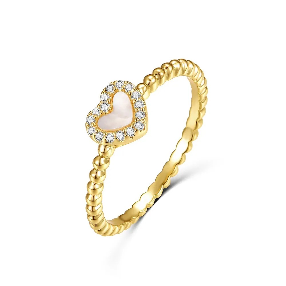 14k Yellow Gold Plating With Mother Of Pearl & Clear Cubic Zirconia Beaded Band Promise Stacking Ring For Kids