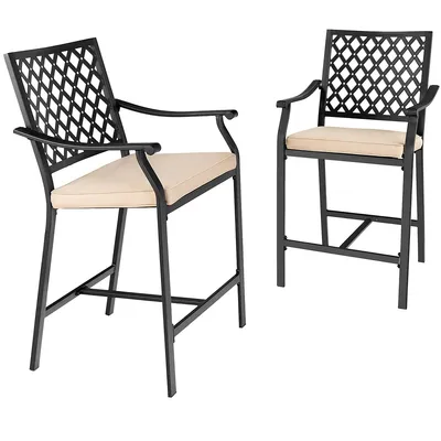 2pcs Patio Bar Stool Counter Height Cushioned Chair Armrest Garden Deck