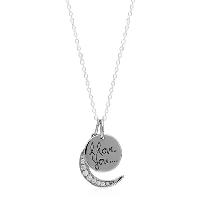 Sterling Silver 18" I Love You Pendant Moon With Cz Necklace