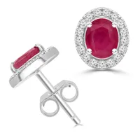 1.34 Ct Oval Red Ruby Halo Earrings 14k White Gold